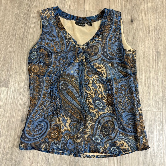 A.N.A A New Approach Blue Brown Beige Paisley Pleated V-Neck Tank Top Sz SP Boho - Picture 5 of 9